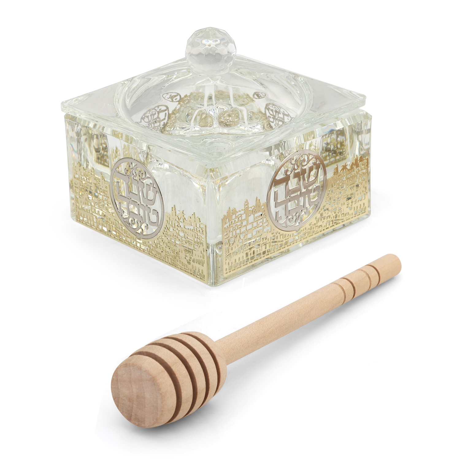 Square Crystal Honey Dish with Jerusalem Design main product photo
