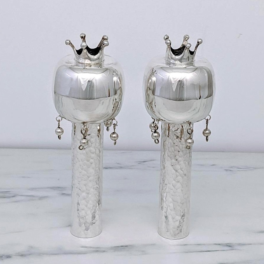 Bier Judaica 925 Sterling Silver Hammered Torah Finials (Rimonim) main product photo