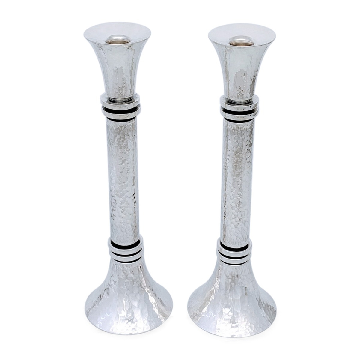 Bier Judaica 925 Sterling Silver Handcrafted Hammered Shabbat Candlesticks With Disc Design main product photo