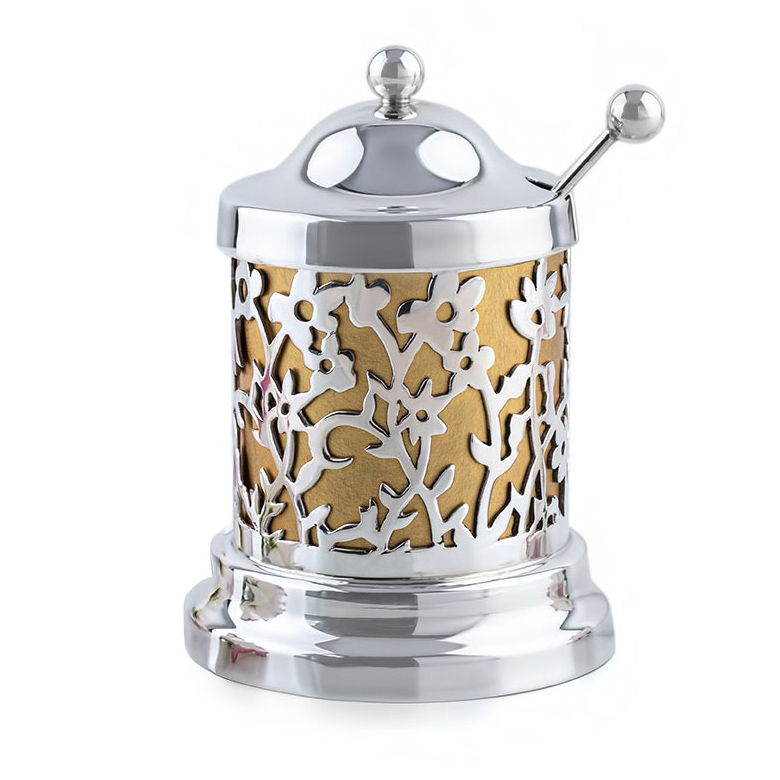 Bier Judaica 925 Sterling Silver Floral Honey Dish with Golden Background main product photo