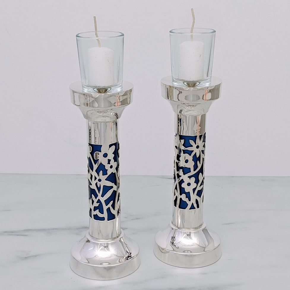 Bier Judaica 925 Sterling Silver Handcrafted Candlesticks With Floral Motif (Variety of Colors) main product photo
