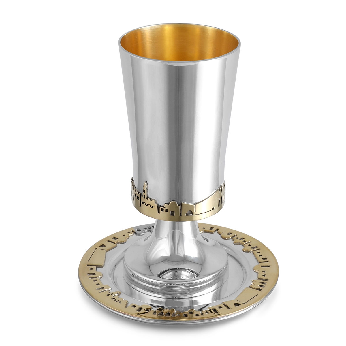 Bier Judaica 925 Sterling Silver "Jerusalem of Gold" Stemmed Kiddush Cup Set main product photo