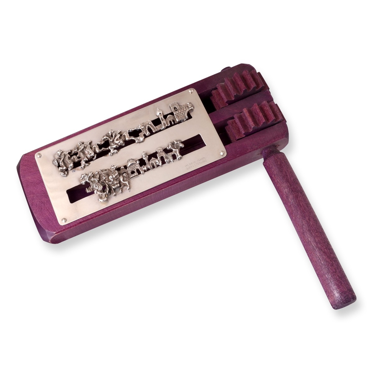 Wooden Purim Grogger with 925 Sterling Silver Decorative Plate - Purple main product photo