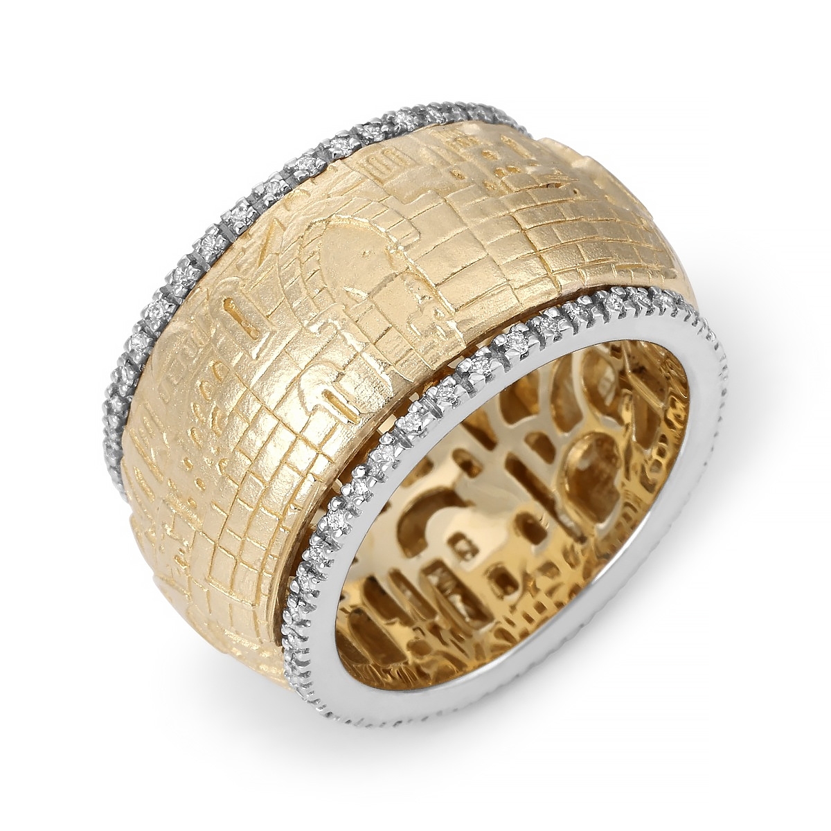 Deluxe 14K Gold Four Gates of Jerusalem Spinning Ring with White Diamonds main product photo