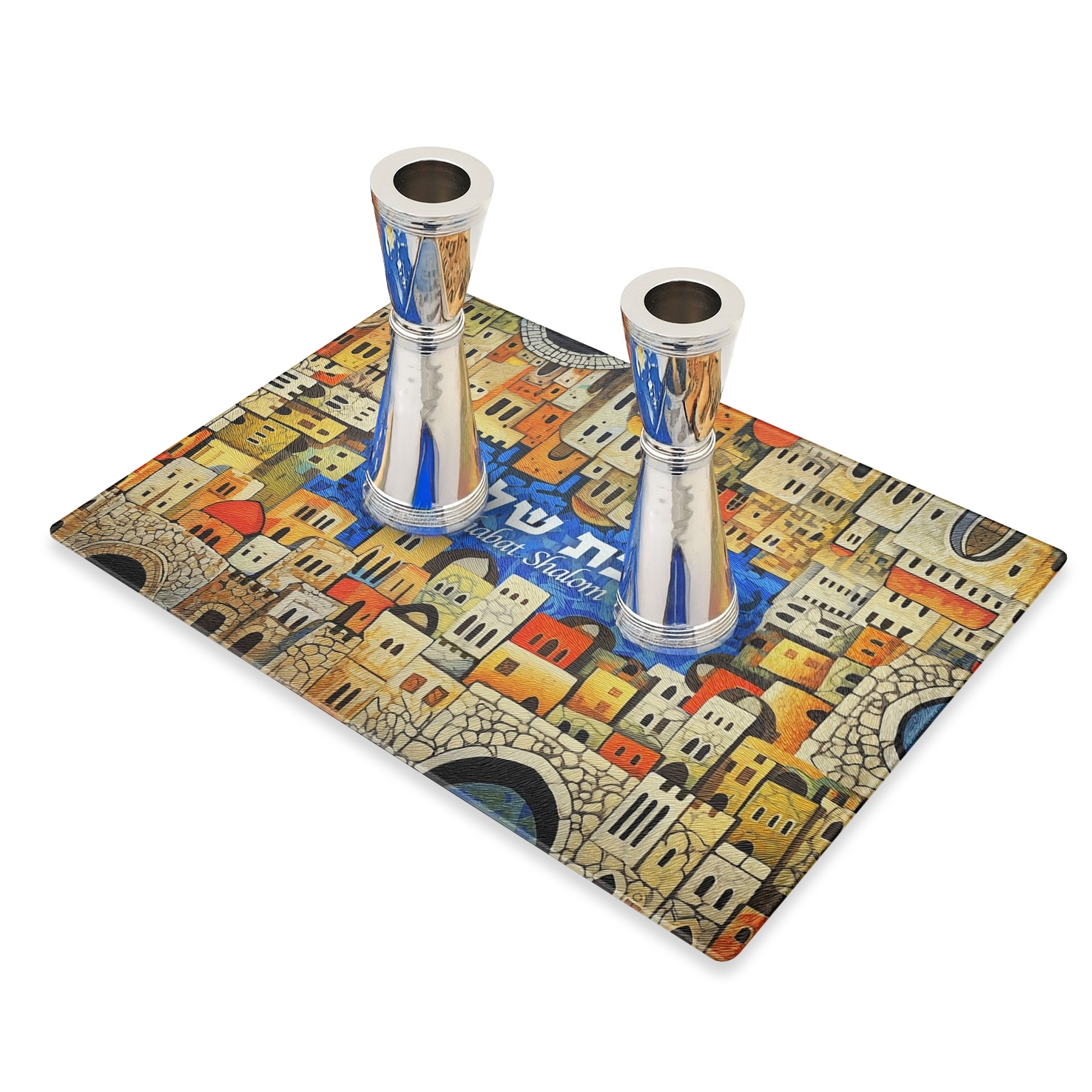 Designer Glass Tray for Candlesticks - Shabbat Shalom from the Old City of Jerusalem main product photo