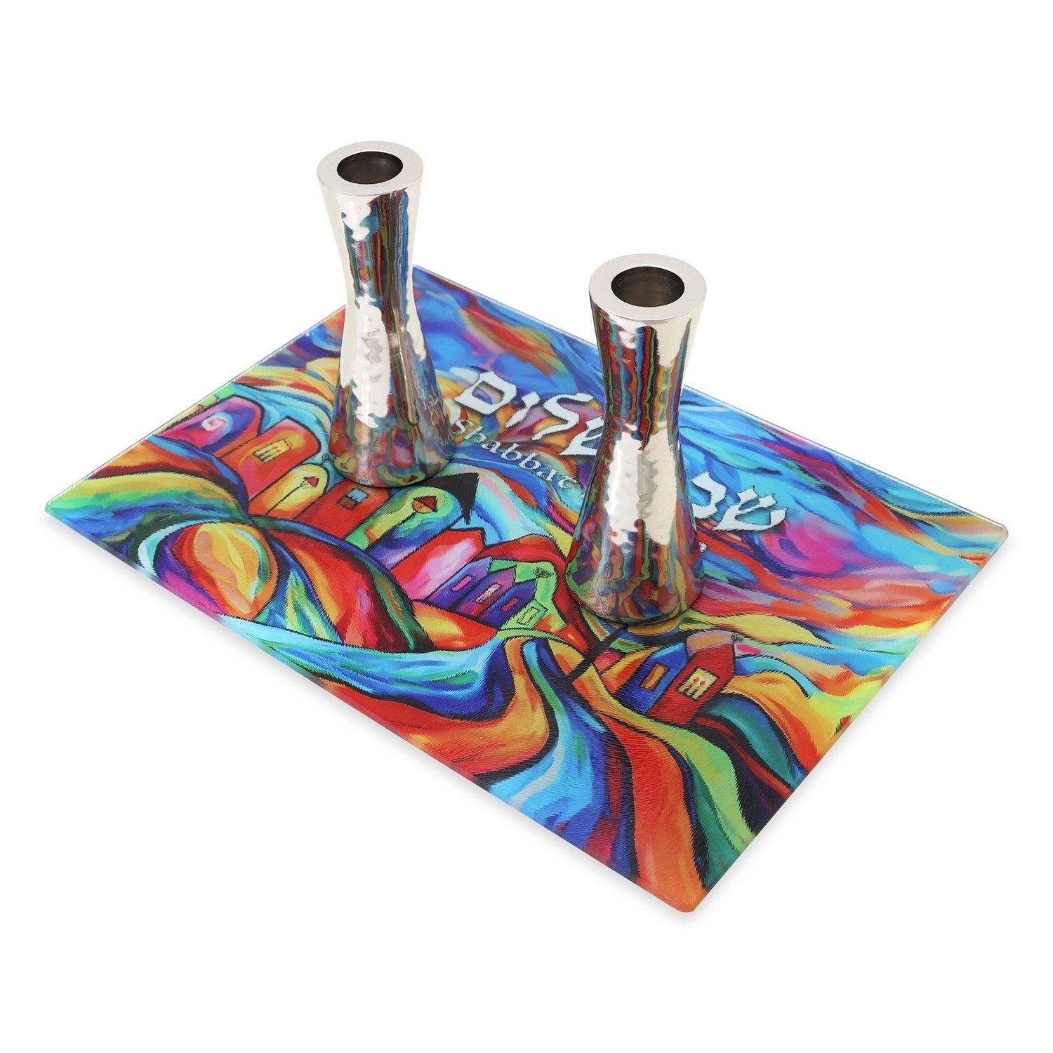 Shabbat Shalom Designer Glass Tray for Candlesticks main product photo