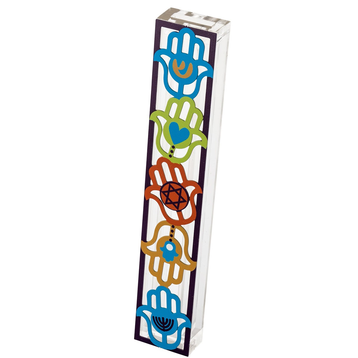 Dorit Judaica Large Acrylic Mezuzah Case With Colorful Hamsa Design main product photo