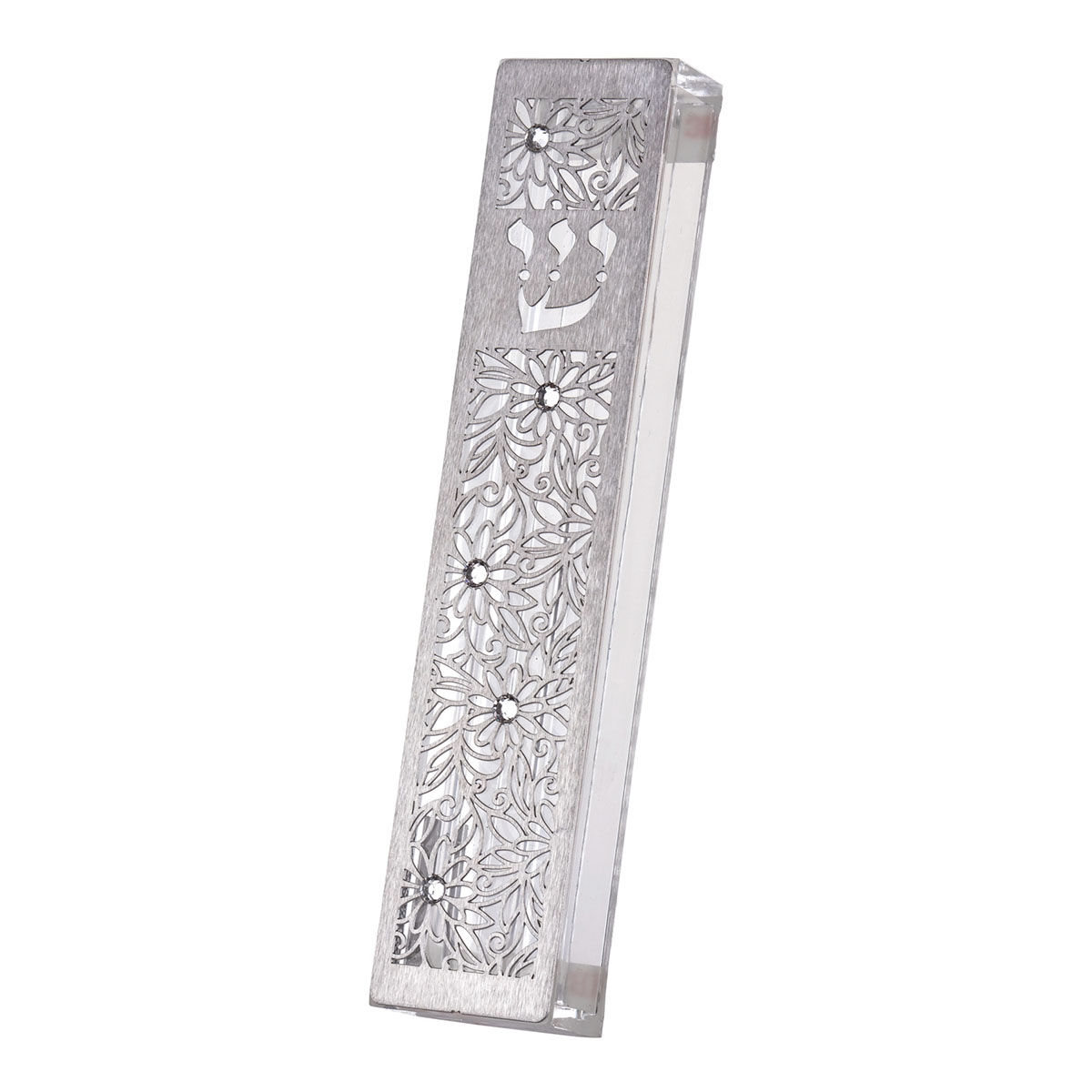 Dorit Judaica Acrylic Mezuzah Case With Laser-Cut Stainless Steel Floral Design and Swarovski Stones main product photo