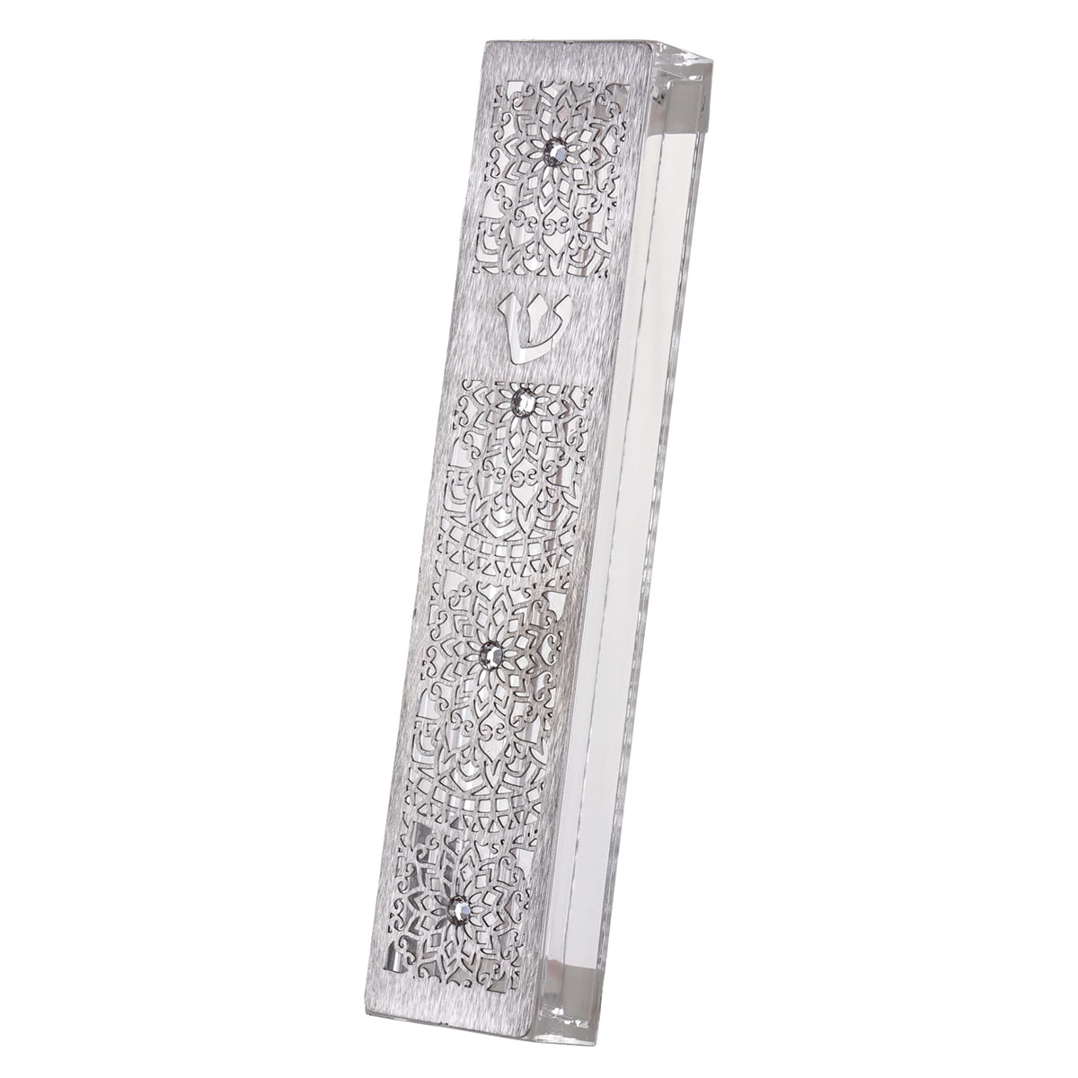 Dorit Judaica Acrylic Mezuzah Case With Laser-Cut Stainless Steel Ornamental Geometric Design and Swarovski Stones main product photo