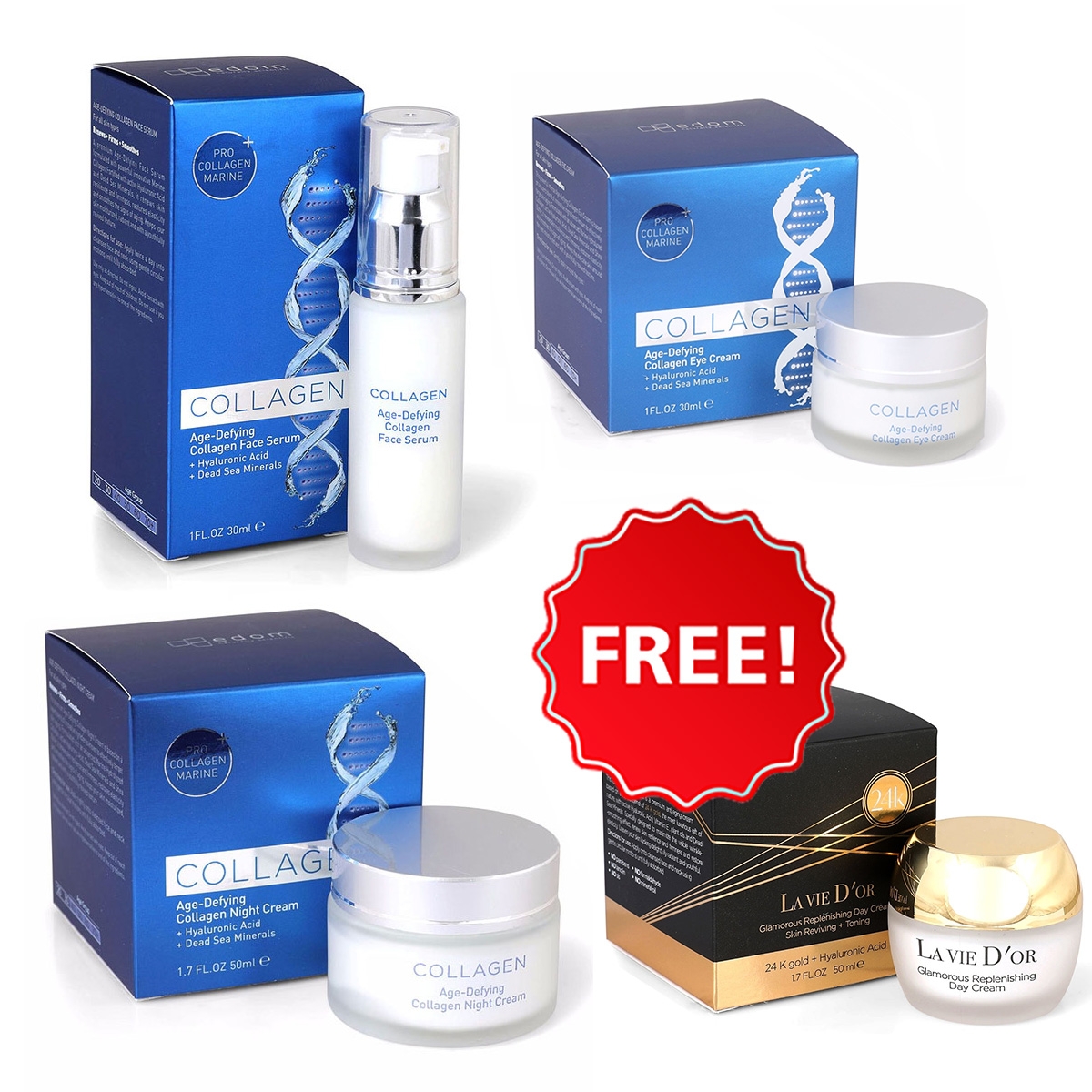 Edom Collagen Set: Buy Age-Defying Night Cream, Face Serum, Eye Cream and get FREE La Vie D’Or Glamorous Replenishing Day Cream main product photo