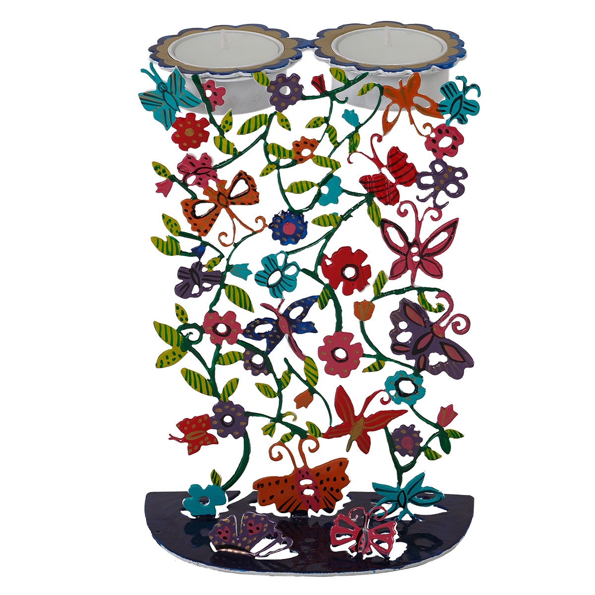 Yair Emanuel Hand Painted Shabbat Candlesticks – Butterflies and Flowers main product photo