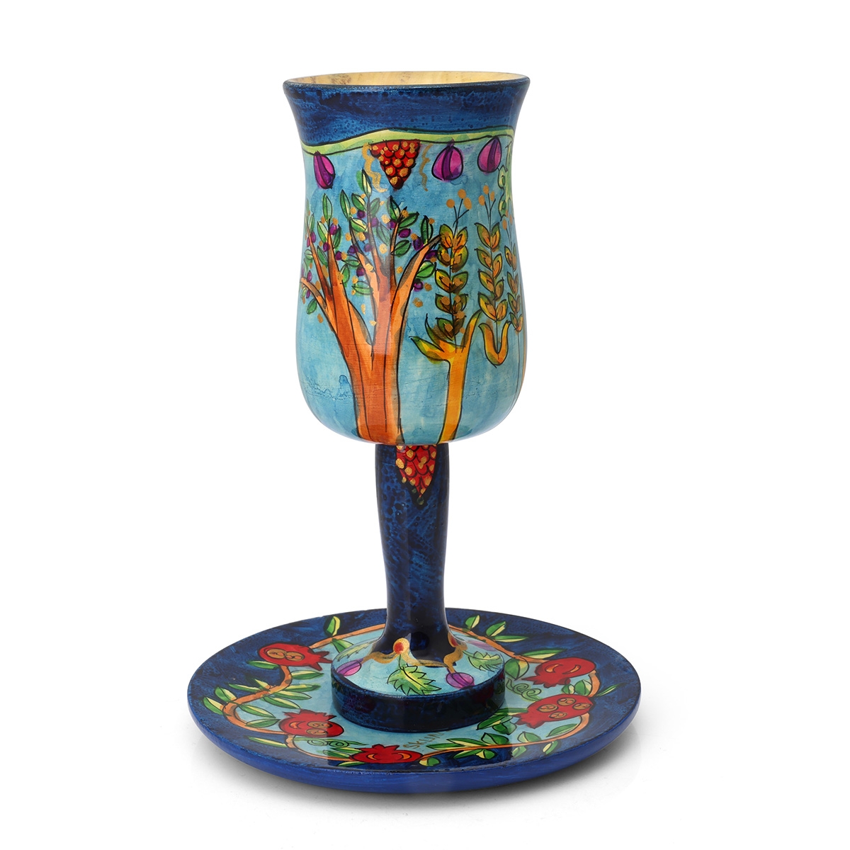 Yair Emanuel Large Stemmed Kiddush Cup and Saucer - Seven Species main product photo