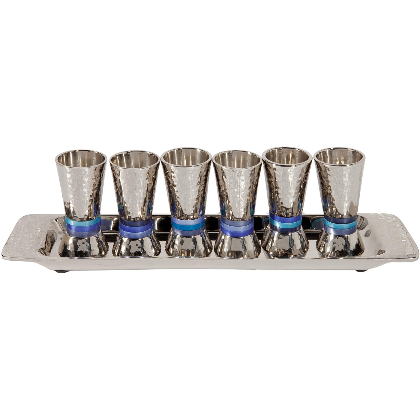 Yair Emanuel Textured Nickel Set of Mini Kiddush Cups with Tray main product photo