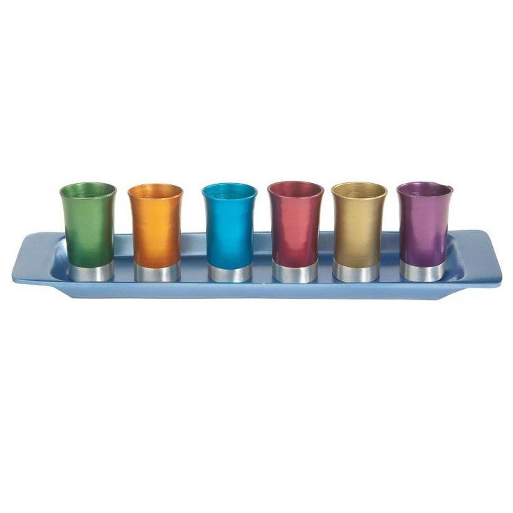 Yair Emanuel Anodized Aluminum Set of 6 Small Kiddush Cups with Tray (Choice of Colors) main product photo