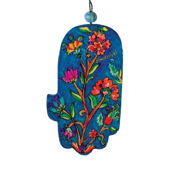Yair Emanuel Wood Painted Hamsa - Flowers (Blue) main product photo