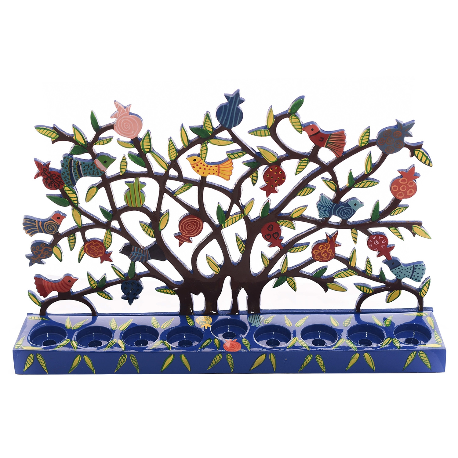 Yair Emanuel Painted Metal Menorah - Birds in Pomegranate Tree - Large main product photo