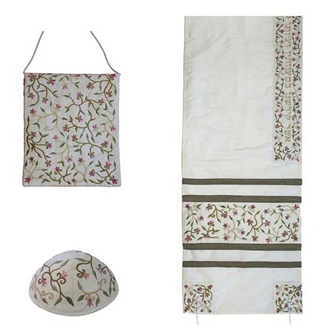 Yair Emanuel Embroidered "Tallisack" Tallit - Flowers (White) main product photo