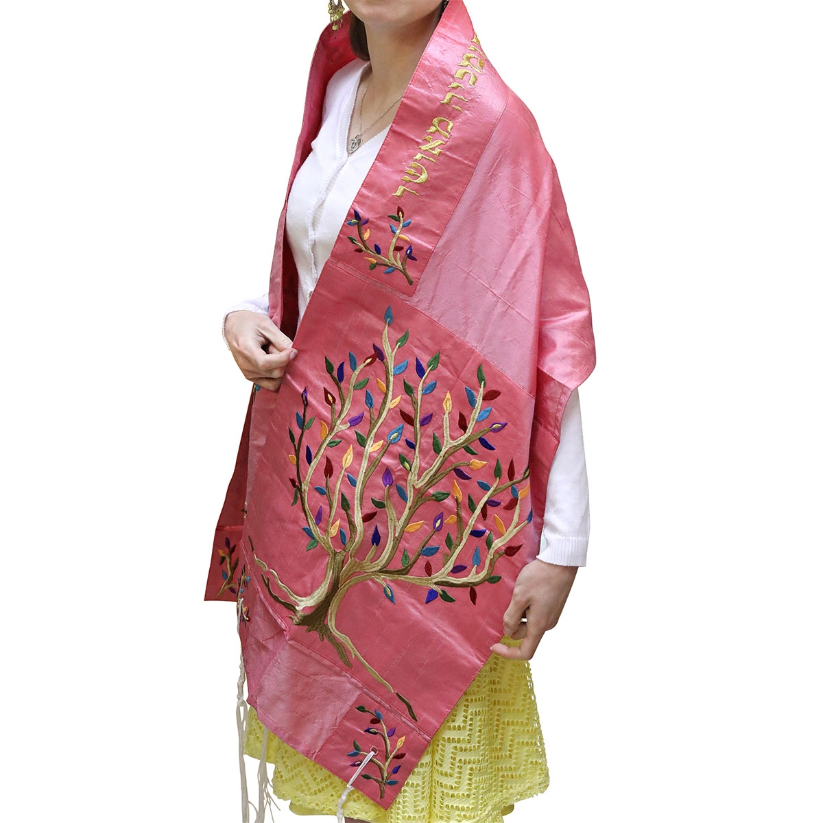 Tree of Life: Yair Emanuel Embroidered Polysilk Tallit (Pink) main product photo