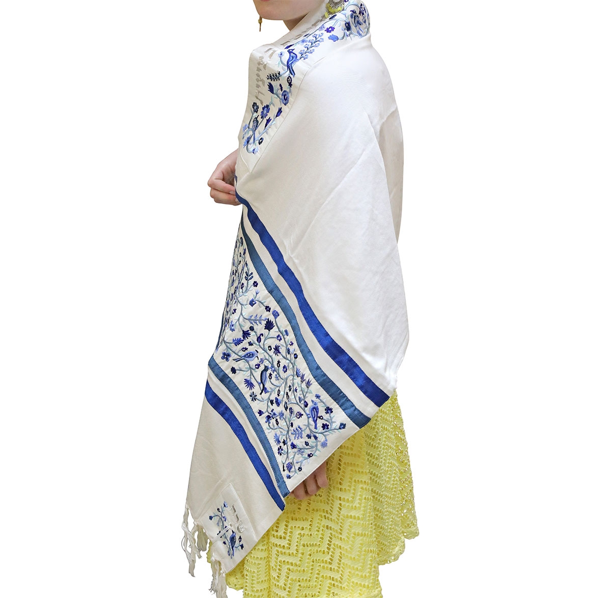 Yair Emanuel Birds and Flowers Full Embroidered Raw Silk Women's Tallit (Blue/White) main product photo