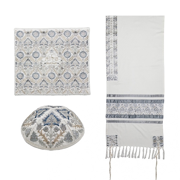 Yair Emanuel Fully Embroidered Cotton Silvery Floral Tallit (Prayer Shawl Set) main product photo