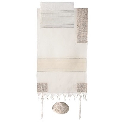 Yair Emanuel Hand Embroidered Cotton Tallit  with White Floral Motif main product photo