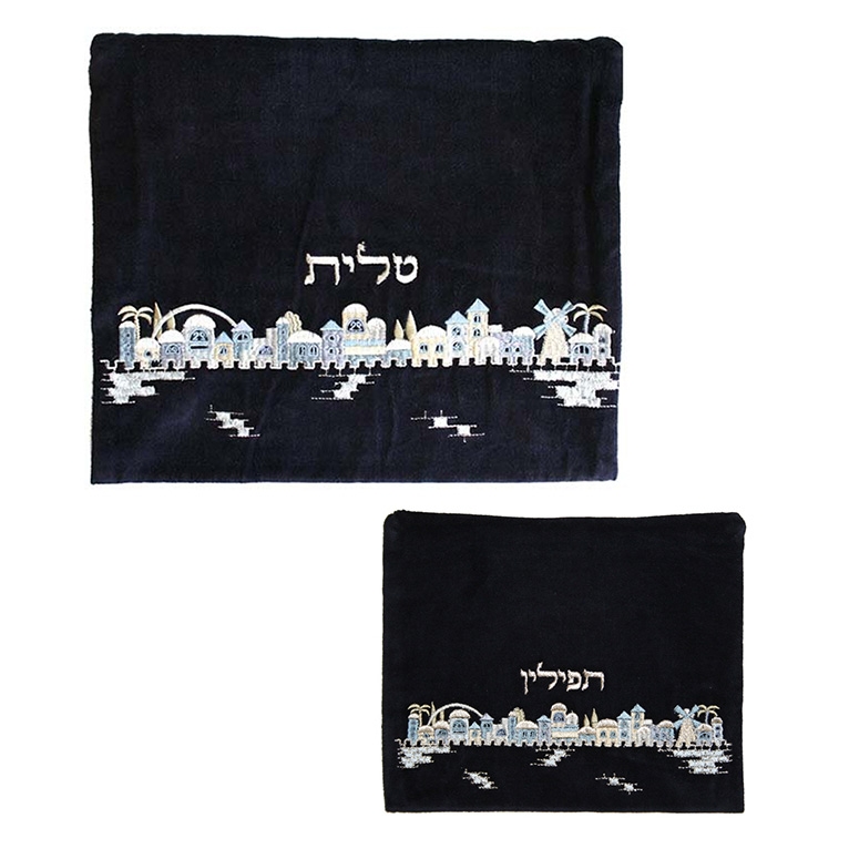 Yair Emanuel Velvet Embroidered Tallit and Tefillin Bag - Jerusalem in Dark Blue main product photo