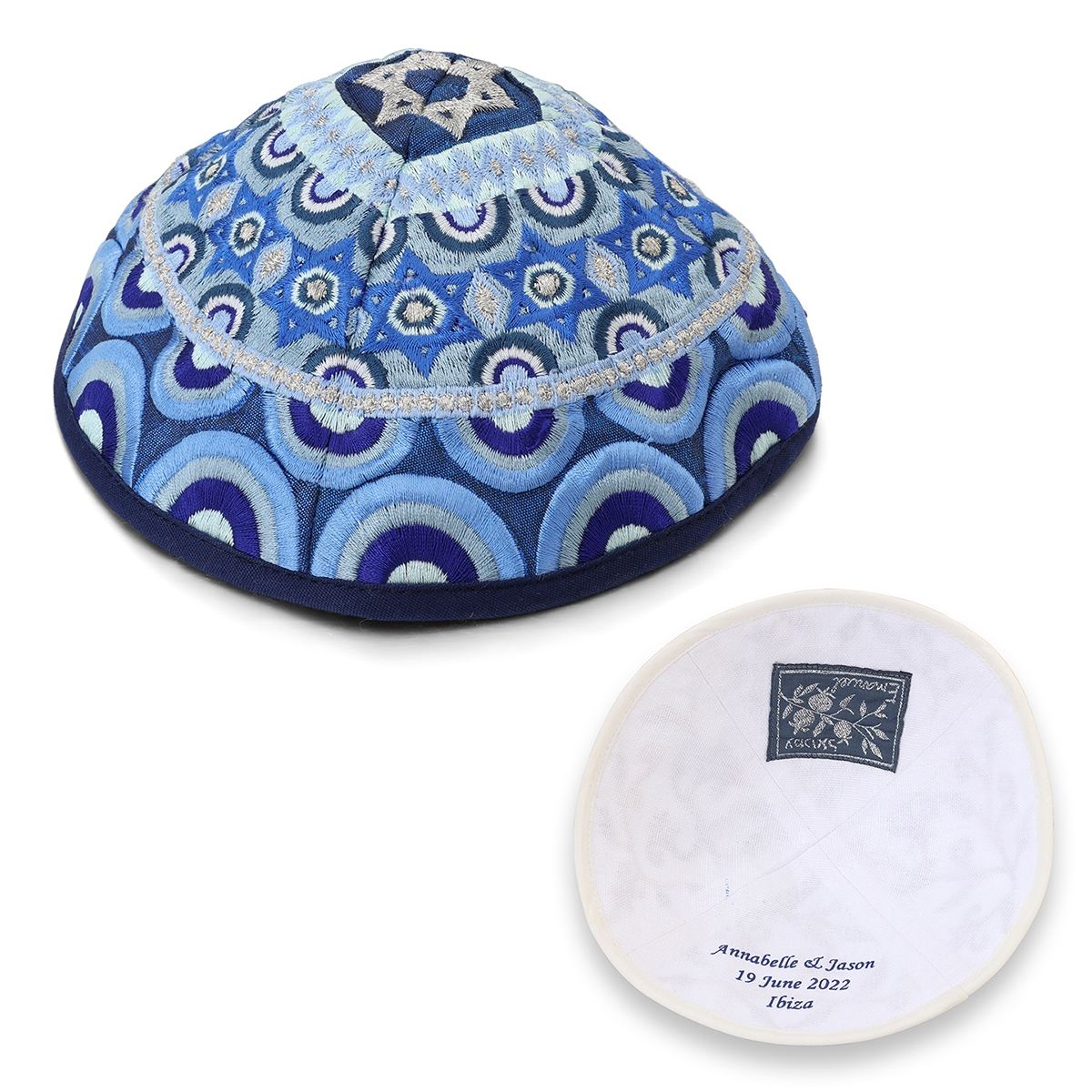 Personalized Embroidered Silk Kippah - Stars of David main product photo