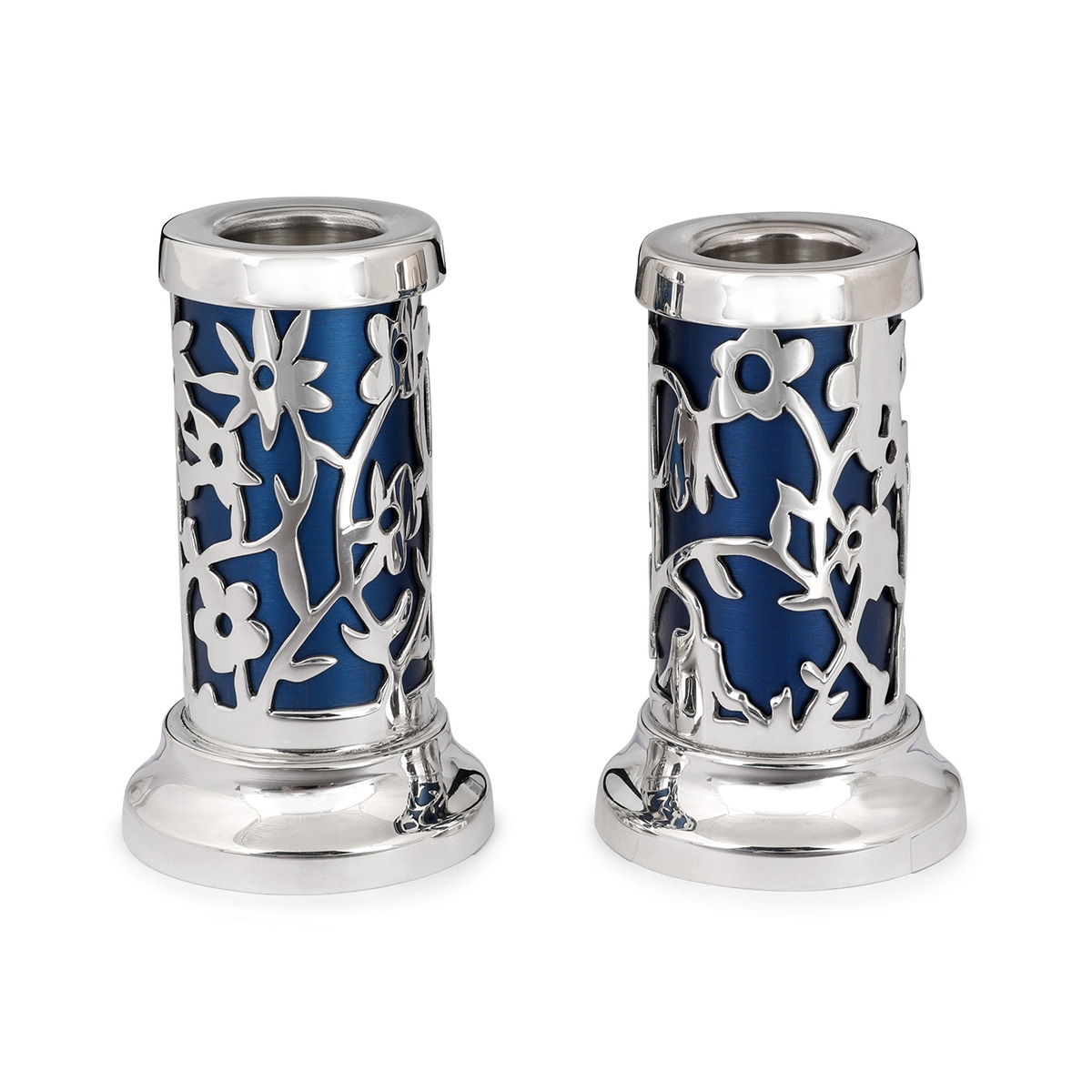 Bier Judaica Chic Handcrafted Sterling Silver Shabbat Candlesticks With Floral Cut-Out Design (Blue) main product photo