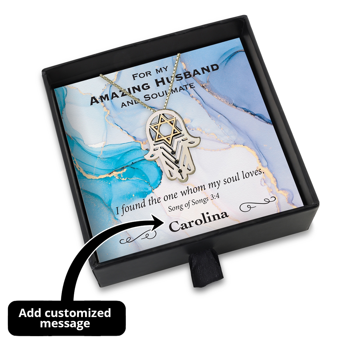 Amazing Husband Gift Box With Sterling Silver Hamsa & Gold Star of David Necklace - Add a Personalized Name For Someone Special!!! main product photo