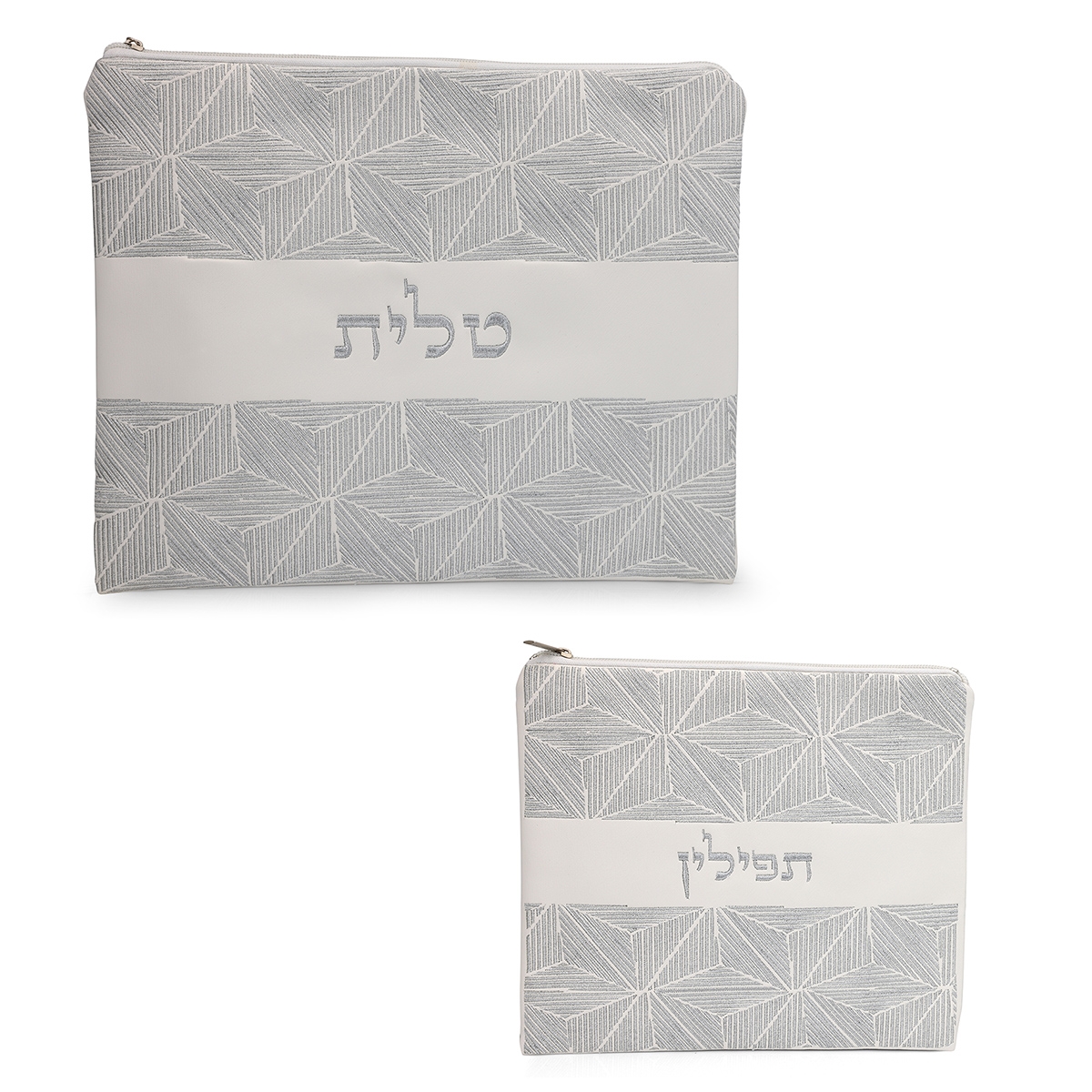 Faux Leather Tallit & Tefillin Bag Set With Geometric Design (White & Gray) main product photo