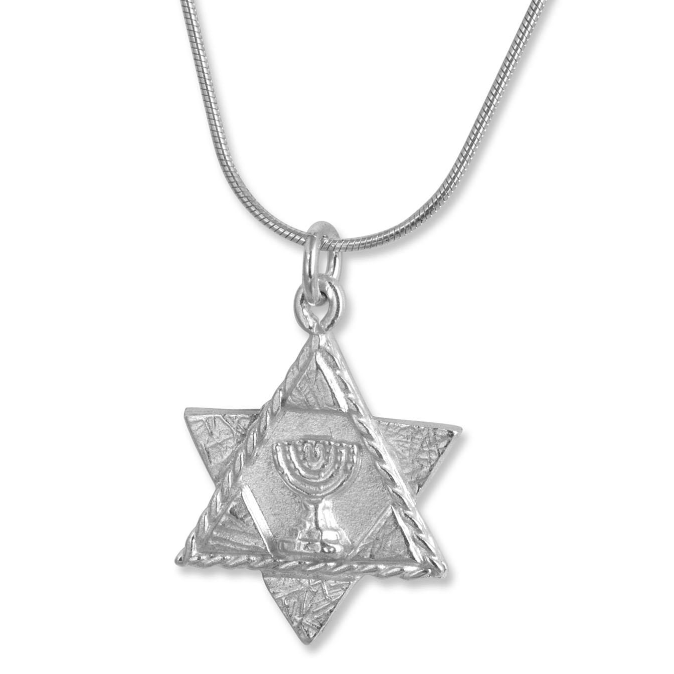 Sterling Silver Star of David Pendant Necklace with Textured Points and Menorah main product photo