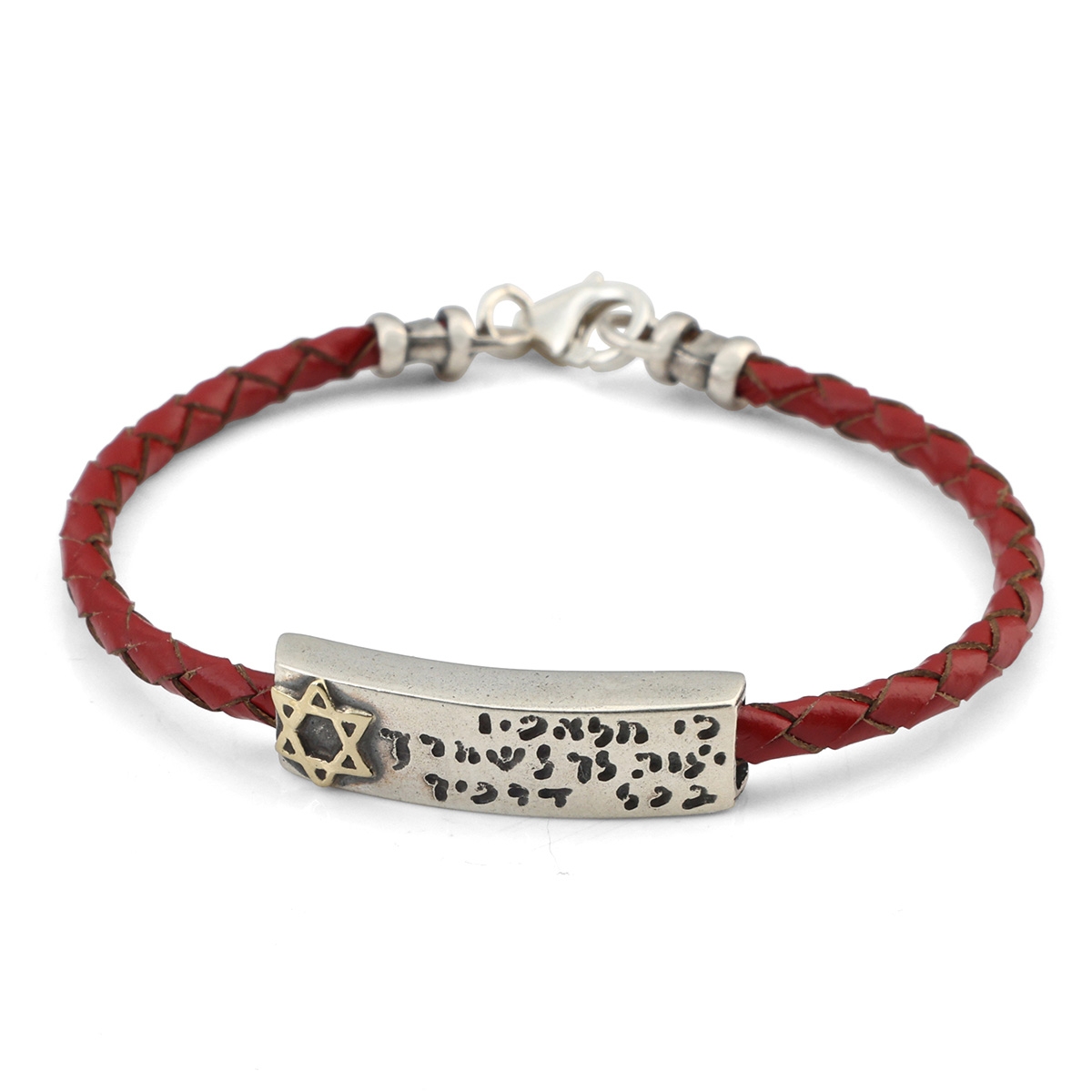 Engraved Traveler's Prayer on Red Braided Leather Band, Gold and Silver Unisex Bracelet - Psalms 91:11 main product photo
