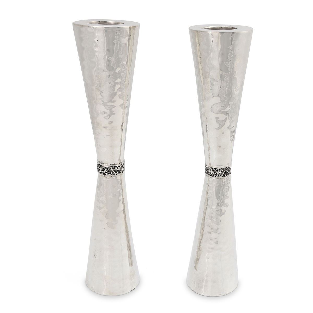 Handcrafted Tapered Sterling Silver Candlesticks With Hammered Finish By Traditional Yemenite Art main product photo
