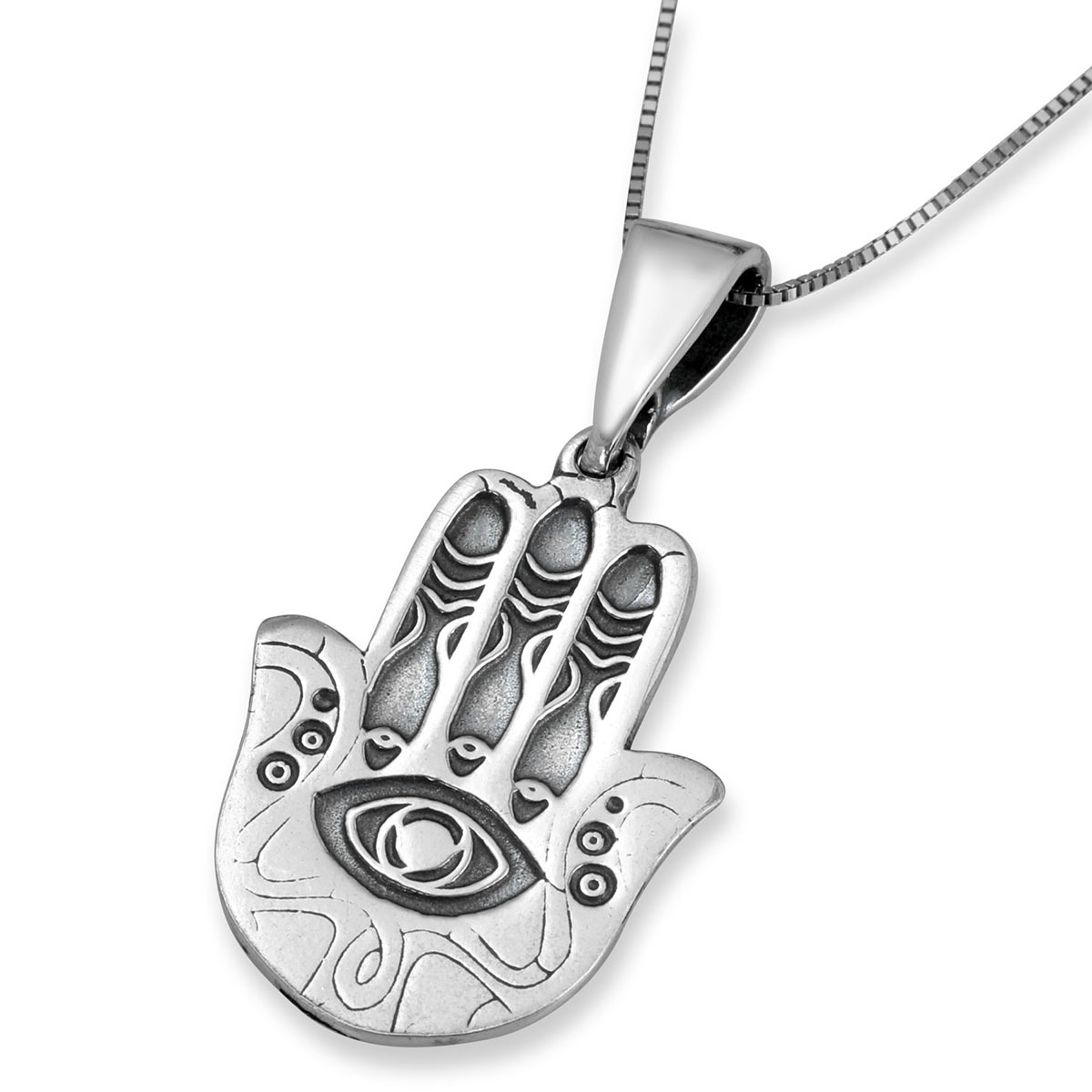 Sterling Silver Hamsa Evil Eye Necklace with Three Fishes main product photo