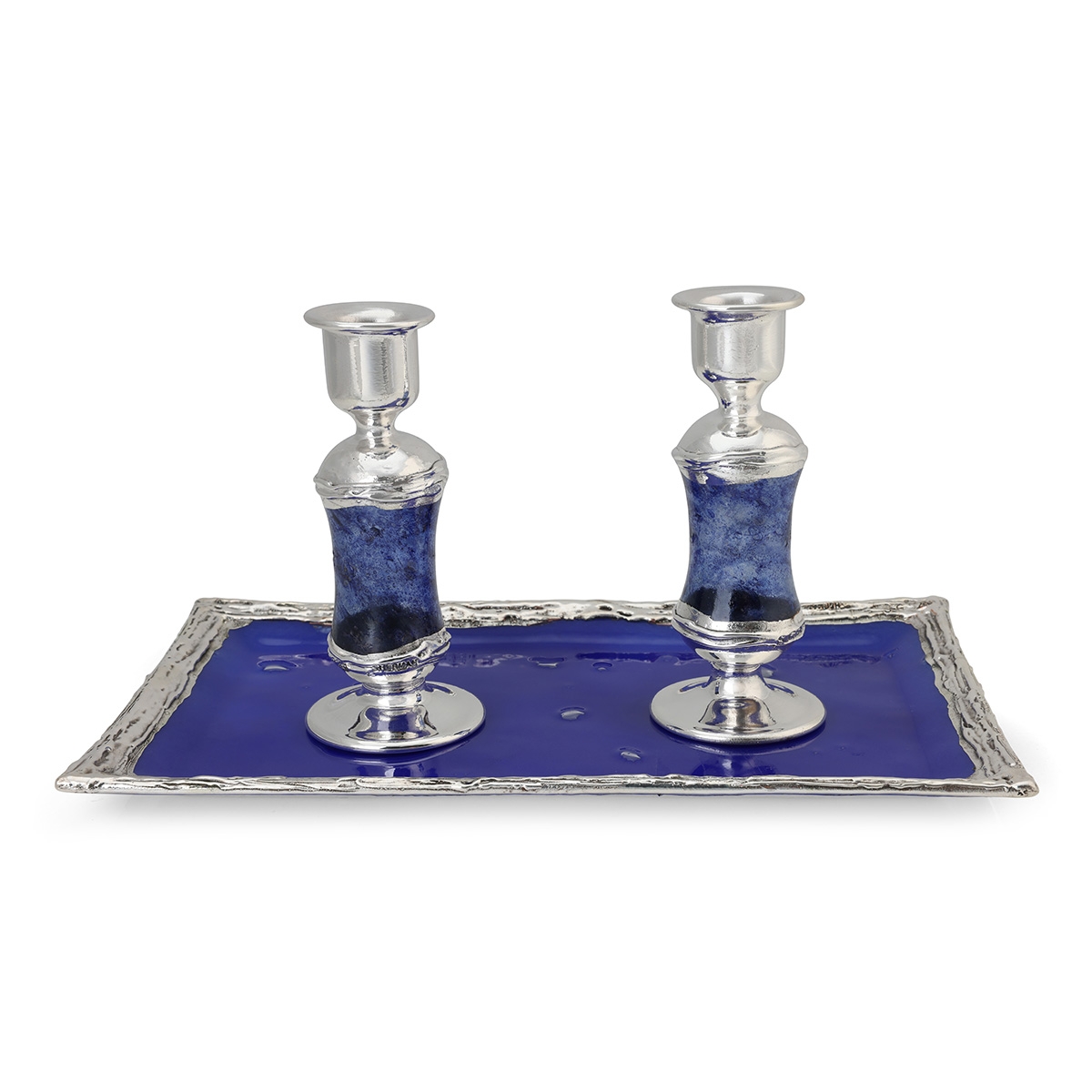Handmade Dark Blue Glass and Sterling Silver-Plated Shabbat Candlesticks main product photo