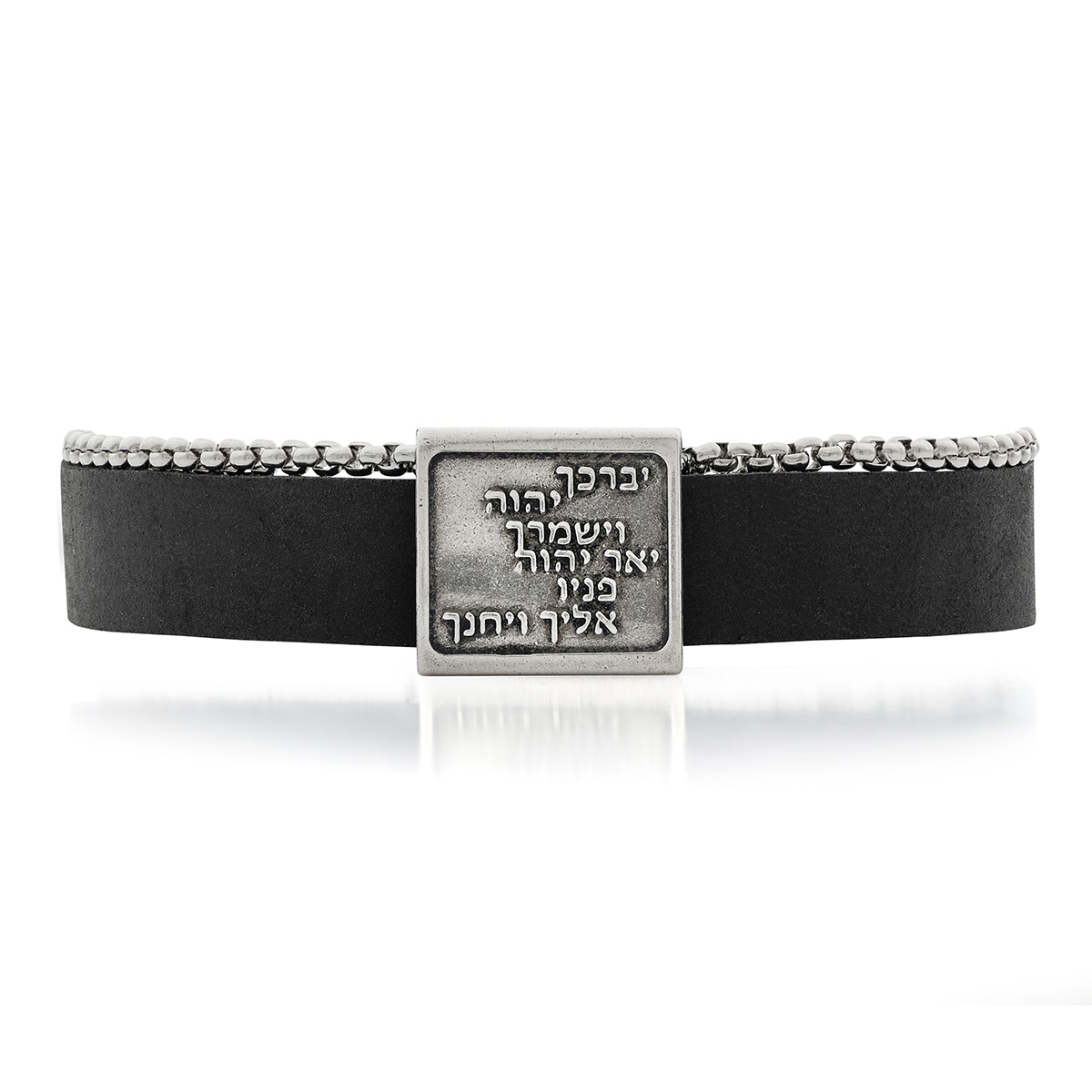 Men's Wide Leather Bracelet with Stainless Steel Chain and Blessing Pendant main product photo