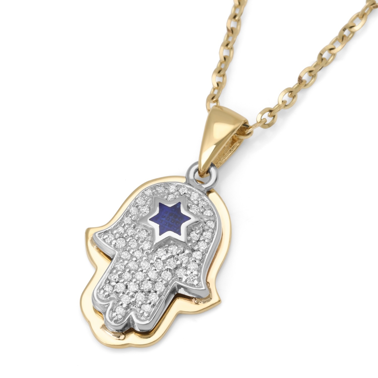 Anbinder Jewelry 14K Gold Diamond Hamsa Pendant with Blue Enamel Star of David main product photo