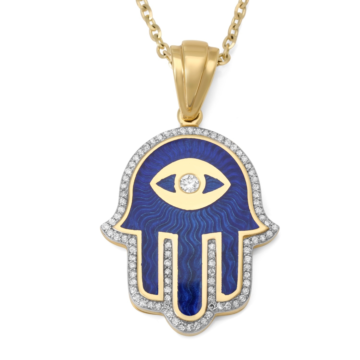 Large 14K Gold and Enamel Hamsa with Evil Eye and Diamonds main product photo
