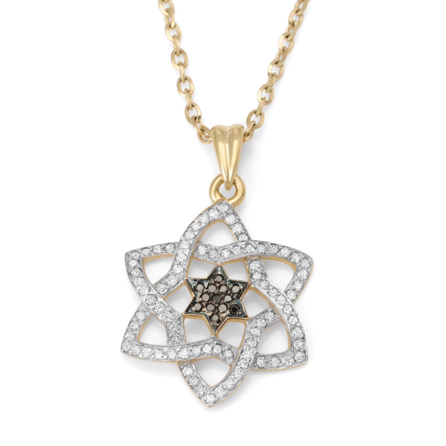 14K Gold Stylish Doubled Star of David Pendant with Black and White Diamonds main product photo