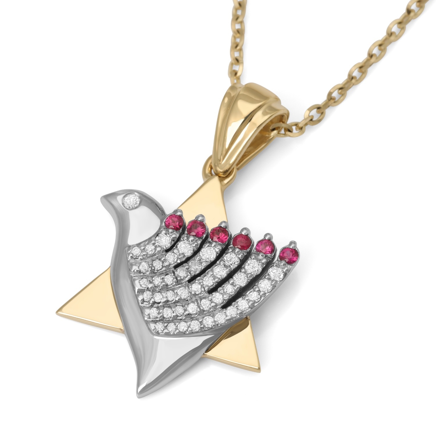 Two-Toned 14K Gold Star of David and Dove of Peace Pendant With Diamonds and Ruby Stones main product photo