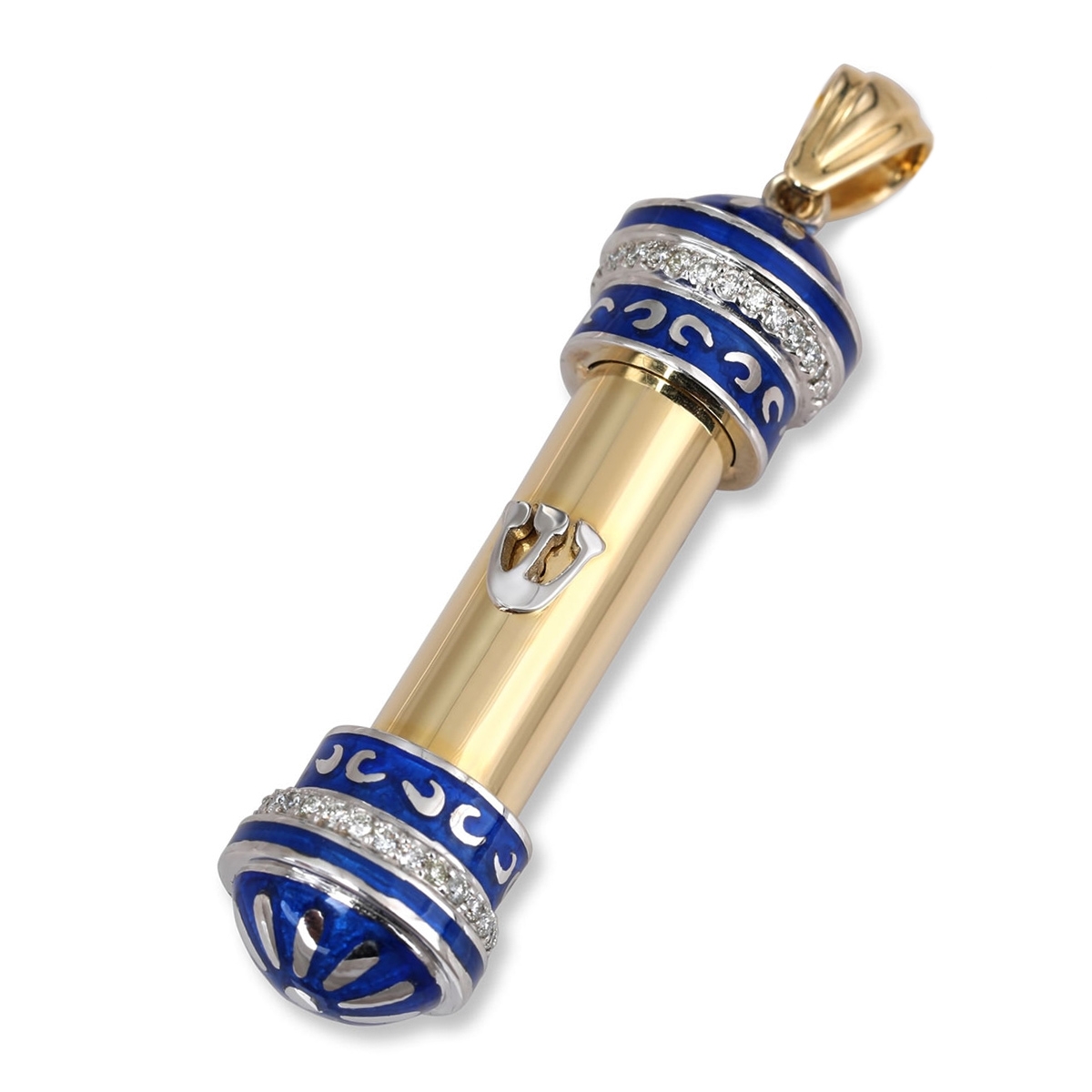 14K Yellow Gold and Blue Enamel Diamonds Mezuzah Pendant with Shin for Men main product photo