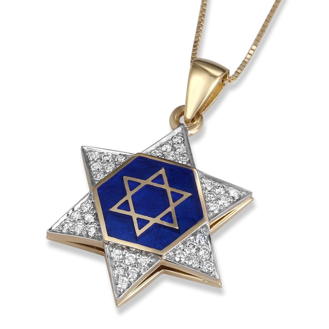 14K Yellow Gold Star of David Diamond Pendant with Blue Enamel  main product photo