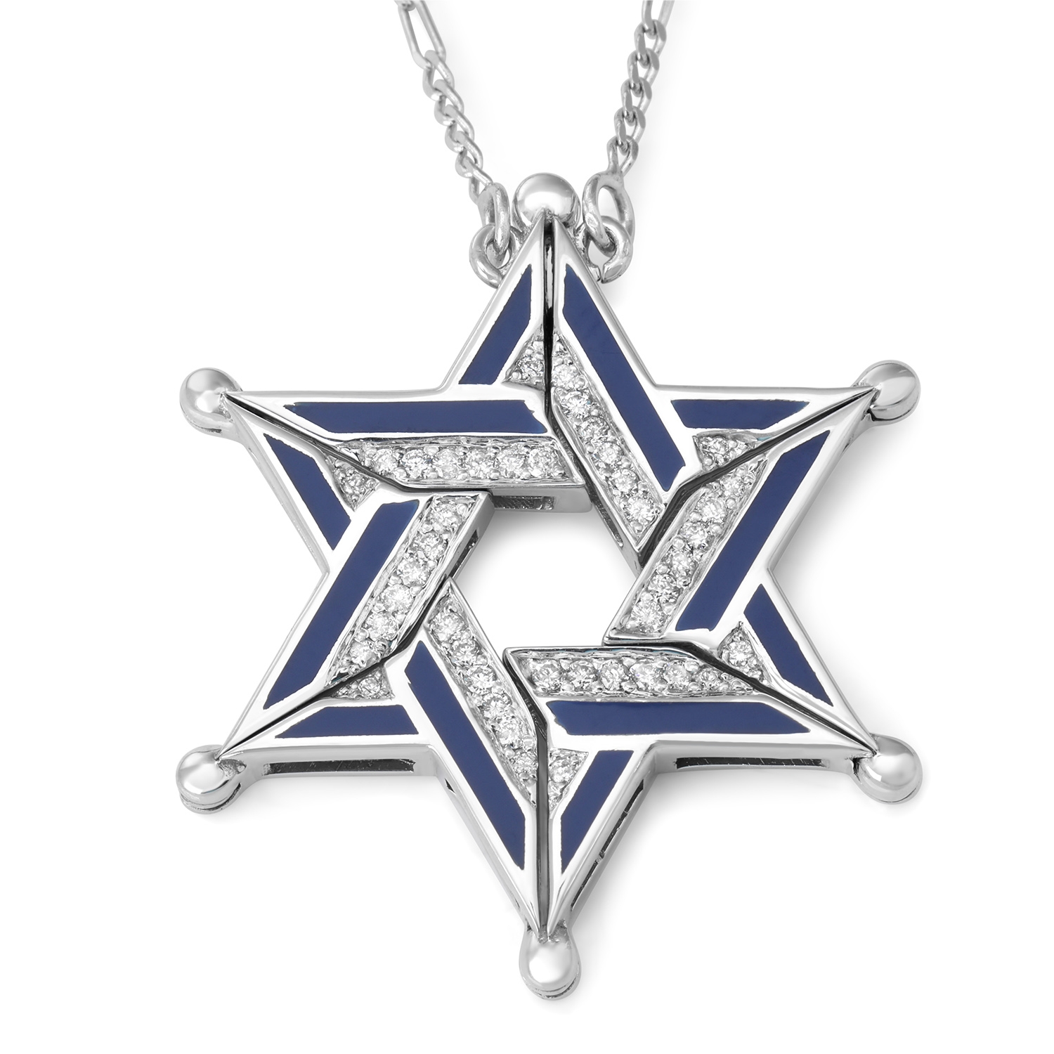 14K White Gold Openable Star of David Necklace with White Diamonds and Blue Enamel main product photo
