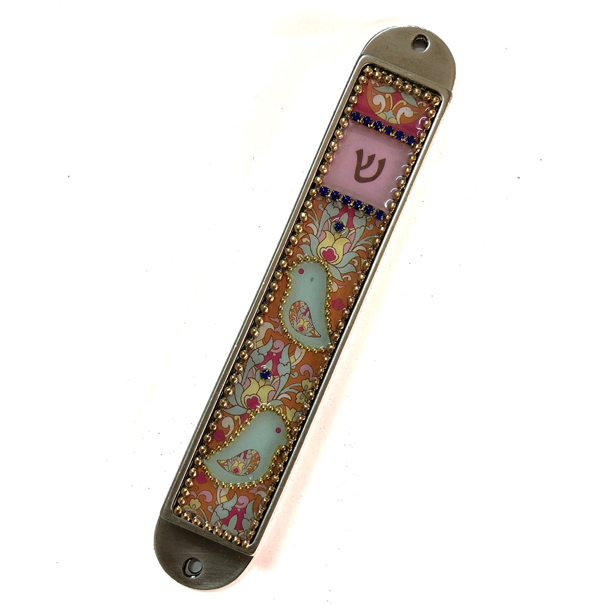 Iris Design Hand Painted Doves Mezuzah Case with Czech Stones  main product photo