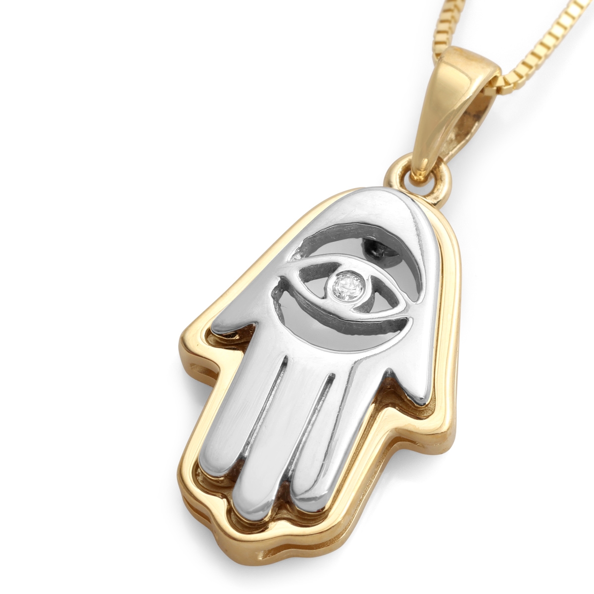 14K Yellow and  White Gold Layered Hamsa Pendant Necklace with Evil Eye Motif main product photo