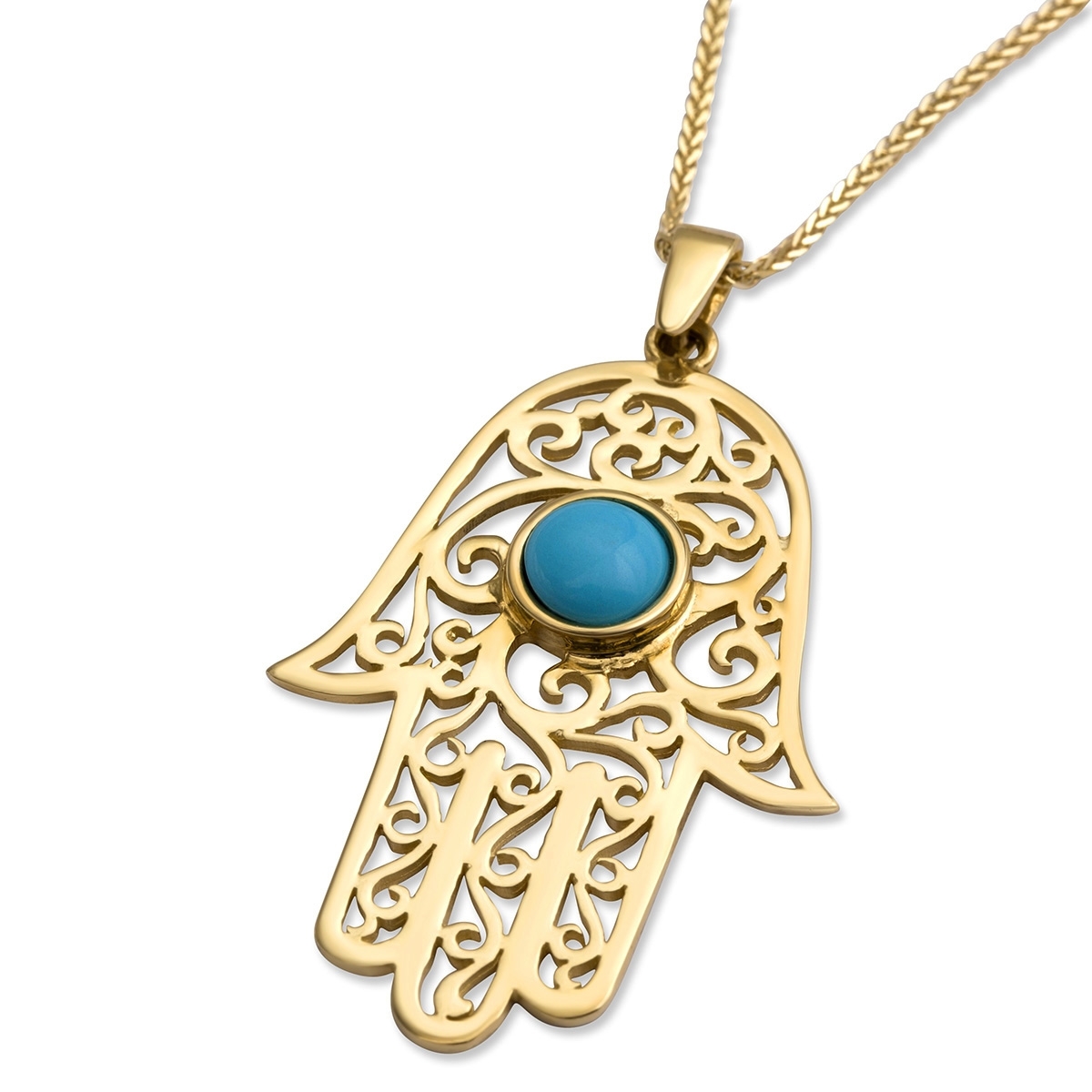 14K Yellow Gold Filigree Hamsa Pendant Necklace With Turquoise Stone main product photo