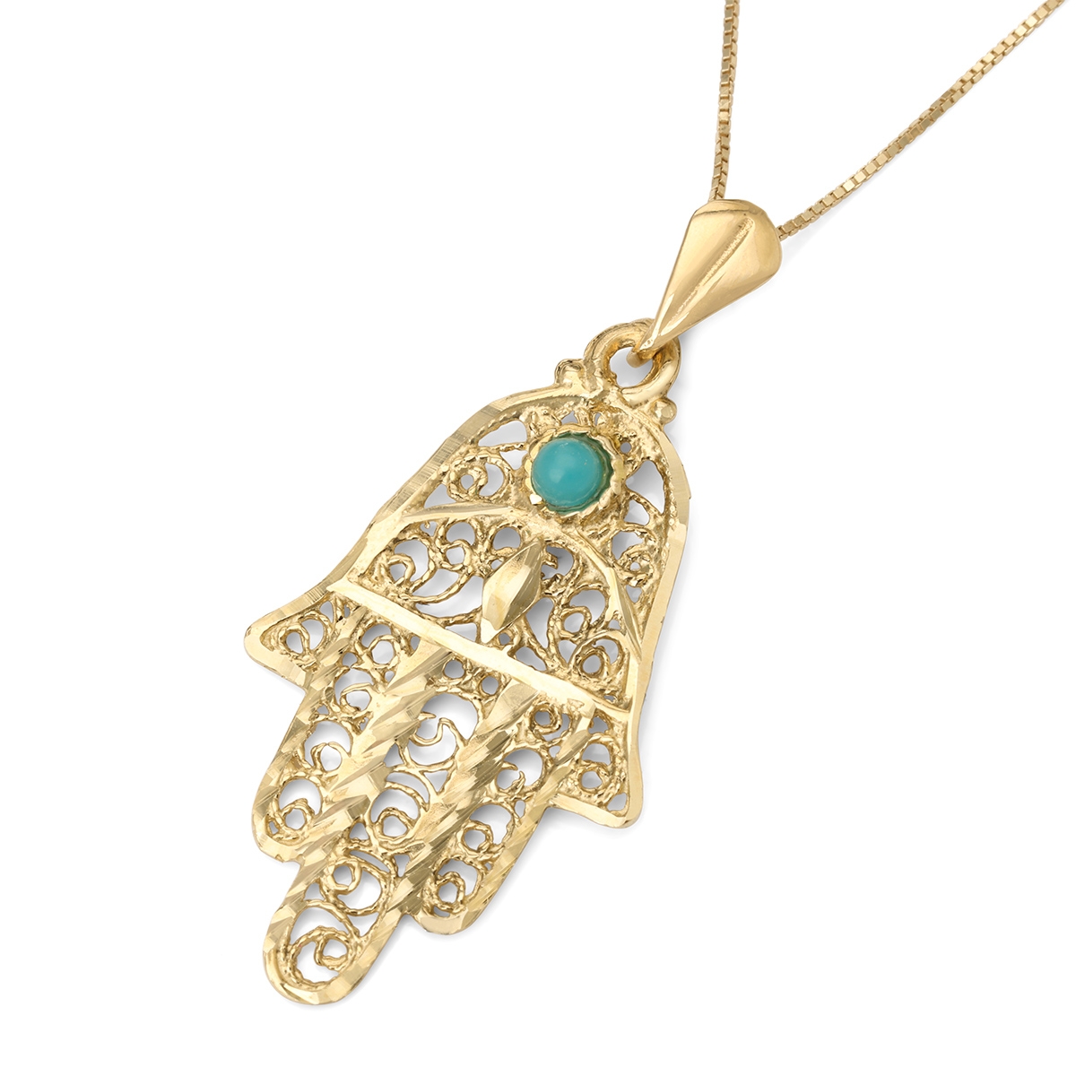 14K Gold Women’s Hamsa Pendant with Ornate Design and Turquoise Stone  main product photo