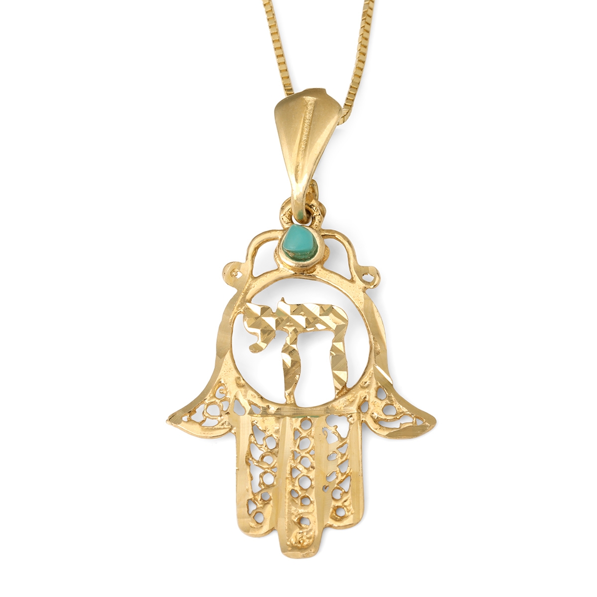 14K Gold Women’s Hamsa and Chai Pendant with Ornate Design and Turquoise Stone main product photo