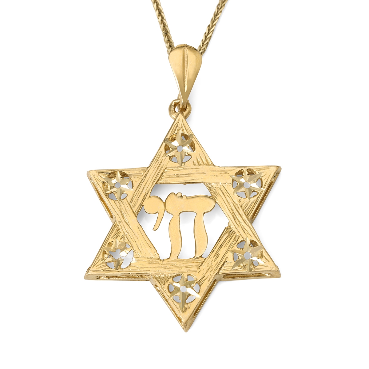 14K Gold Men's Large Textured Star of David and Chai Pendant with Stars main product photo