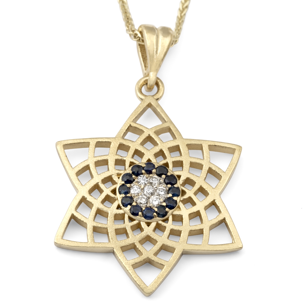 Modern 14K Yellow Gold Star of David Pendant Necklace With Diamonds and Sapphire Stones main product photo
